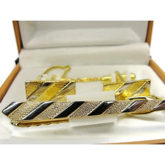 Cufflinks Set w Neck Tie Clip Gold Tone Unique Design Shirt Suit Vintage IOB - Picture 2 of 10